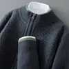 Cárdigan de punto grueso 100% lana pura para hombre, con diseño de bloques de color, cuello semi-alto, cierre de cremallera, diseño de punto y mangas largas, perfecto para otoño e invierno.