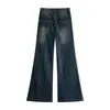 Calça jeans flare de cintura baixa lavada e desgastada estilo retrô para garota popular, nova moda outono versátil justa casual longa