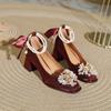 Zapatos de tacón alto con punta cuadrada y tacón grueso para boda, color rojo, con tiras de perlas y tacón medio, Mary Jane, estilo francés, para dama de honor que no cansa los pies.