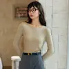 9936 Camiseta Básica Lyocell de Manga Longa com Gola Redonda e Ombro Regular para Mulheres, Coleção Outono e Inverno, Cor Sólida, Slim Fit