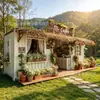Cafetería rústica vintage en un contenedor con letreros de madera, decoración floral suave y una tienda de té con ambiente de casa de campo para acampar.