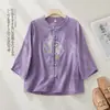 Camisa Feminina Bordada Verão Novidades Roupas de Verão Jacquard Algodão Linho Estilo Chinês Retro Botões de Sapo Gola Alta Manga Três Quartos Top