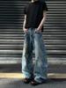 Jeans Estilo Desierto Urbano Americano Lavado Sucio Agujero de Rayo Cimitarra para Hombres y Mujeres Hip-Hop Retro Pierna Ancha Holgados