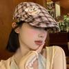Boina con parche de cachorro, estilo japonés Y2G, dulce, genial, lindo, sombrero de vendedor de periódicos, con cara de sombrero pequeño, delgado y a cuadros, a la moda.