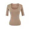 Camiseta Cor Sólida Borda Crua Manga Média Gola U Estilo Desejo Puro, Nova Primavera/Verão Simples Cor Sólida Versátil Slim Fit Valoriza o Corpo Top Básico