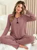 Conjunto de Pijama Simple de Color Sólido con Borde Enrollado, Costilla Cepillada, Otoño e Invierno, Venta Caliente Europea y Americana, Ropa de Casa Cómoda y Cálida