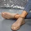 Sandálias Baixas Femininas Plus Size de Comércio Exterior Novas para Primavera e Verão 2024 Diamante Quebrado Moda Estilo Europeu e Americano Rede de Pesca Cor Sólida Sapatos Femininos