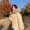 Abrigo de invierno largo de algodón para mujer con cuello grande de pelo y capucha, por encima de la rodilla, corte holgado, adelgazante, engrosado, cálido, con botones de cuerno, moderno