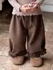 [Personalizado] Atuendo de invierno para bebés y niños pequeños: Top con volantes estilo coreano, pantalones anchos de corte holgado y un conjunto de tres piezas para bebés niñas