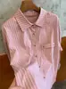 Camisa coreana de rayas rosas de manga larga, holgada y versátil, top con solapa