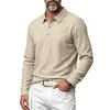Camisa POLO casual simples de linho para primavera/outono, masculina, europeia e americana, respirável, versátil, com gola de lapela, manga longa, solta, para férias