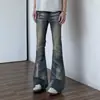 Jeans slim-fit com patchwork de rebites Vibe, perna levemente alargada, estilo high street americano, calça fina azul reta com boca de sino para o outono