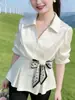 Camisa Cachecol de Seda Feminina Retrô de Alta Qualidade Cinturada Verão Estilo Coreano Design Francês Elegante Chique Top