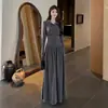 Vestido de punto de manga larga con cuello medio para mujer, otoño e invierno, plisado, cintura ceñida, falda larga de línea A