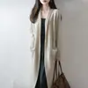 Cardigã de malha de lã pura sem botões extra longo feminino, novo estilo outono e inverno, casaco casual elegante com mangas compridas e bolsos