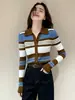 Cardigan de Tricô Gola Polo Listrado Color Block Estilo Coreano Feminino Outono Novo Retrô Emagrecedor Suéter Versátil Top A14546