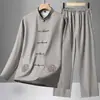 Traje de lino para hombre, primavera y verano, manga larga, delgado, transpirable, atuendo estilo chino para hombres de mediana edad y mayores, adecuado para papás y abuelos