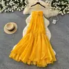 Vestido Largo Amarillo Estilo Vacaciones con Cuello Halter sin Mangas para Mujer 2026 Otoño Francés Elegante Adelgazante Dobladillo Amplio Vestido Largo Falda Elegante