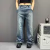 Jeans retro estilo Hong Kong, azules, finos, con estampado de bambú, unisex, pantalones de pierna ancha rectos, holgados y modernos para verano