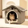 Casa de Gato de Pelúcia Grossa de Inverno, Ninho Quente para Animais de Estimação Interno com Orelhas de Urso 3D, Adequada para Gatos e Cachorros, Removível e Lavável