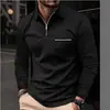 Camisa Polo de Color Sólido de Manga Larga para Hombre Primavera y Otoño Nueva con Bolsillo de Solapa Estampado 3D Pantalones con Cremallera Top Casual para Hombre