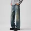 Jeans Sueltos de Pierna Recta Estilo Americano para Hombre, Otoño e Invierno 2026, Lavado Vintage, Modernos, Desgastados, Caídos, de Pierna Ancha