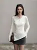 Blusa Irregular de Manga Larga Atmosférica para Mujer, Otoño, Media Botonadura, Cuello Alto, Corte Ajustado, Top Estilo Deseo Puro 25741