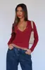 Ayj24S074 Amazon Outono Nova Camiseta Feminina Cor Lisa Gola V Fashion Slim Ombro Direito Manga Longa Renda Flor