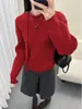 Suéter Rojo de Punto Trenzado con Cordones y Cuello Redondo Estilo Coreano para Mujer, Nuevo Modelo Otoño e Invierno 2026 con Adornos de Hilo Brillante, Suéter de Talla Grande