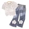 26 Fornecimento Exclusivo Transfronteiriço de Novos Conjuntos para Meninas, Camisa Três-Quartos com Estampa Floral Tridimensional da Moda + Conjunto de Duas Peças com Calça Longa Jeans