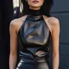 Ropa Nueva Transfronteriza Europea y Americana para Mujer Chaleco de Moda con Cuello Alto Hombros Descubiertos Top Delgado Sexy de Cuero PU Color Sólido para Mujer