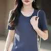Nova camiseta de verão 100% algodão com gola redonda e listras de manga curta para mulheres, top básico de tricô slim fit estilo coreano moderno para mulheres
