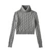 Suéter azul de cuello alto torcido para mujer, otoño e invierno, grueso, de alta gama, suelto, estilo perezoso, suéter corto, top de invierno