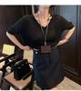 Cómoda camiseta de punto de lino de manga corta con cuello en V fino para mujer, holgada y ajustada para ir al trabajo en verano