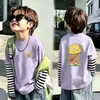 Roupa infantil, camiseta de manga comprida para meninos, estilo moderno e descolado, novo modelo 2026, algodão puro, blusa infantil falsa de duas peças, roupa de menino bonita