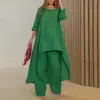 Moda Femenina Europea y Americana Nueva 2024 Conjunto Casual de Algodón y Lino Talla Grande Irregular de Manga Larga con Pantalones de Pierna Ancha Conjunto de Dos Piezas