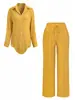Nova camisa estilo férias transfronteiriça, roupa casual feminina, camisa de amarração frontal na cor açafrão com calça de perna larga, conjunto de duas peças