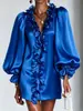 Llegada nueva de Amazon transfronterizo: Mini vestido brillante, transparente, con cuello con volantes y mangas abullonadas, de escote en V pronunciado, creando un look ligero y lujoso para mujer
