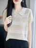 Polo de Verano de Seda Helada de Manga Corta para Mujer 2026 Nuevo Estilo Elegante de Punto Calado Holgado Versátil Camiseta que Reduce la Edad