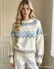 Suéter de punto jacquard con patrón de rombos para otoño e invierno para mujer, jersey, estilo casual europeo y americano, cuello redondo, corte holgado, piel sintética de ciervo, top de bloques de color