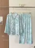 Conjunto de Estilo Nacional Retro Teñido Liso, Nuevo Estilo Chino, Pijama de Seda Helada para Mujer, Se Puede Usar Afuera, Pantalones Largos, Ropa de Casa con Pintura a Tinta