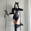 Traje de Motociclista Sexy em Couro Patente com Tiras, Uniforme Peça Única de Manga Longa, Estilo Desejo Puro, Tiras Vazadas, Conjunto Peça Única com Fenda Alta