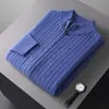 Cardigã 100% lã pura para homens, gola semi-alta, tricotado, espessado, padrão torcido, cardigã de cashmere business casual para inverno