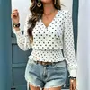Primavera/Verão 2026 Temu Transfronteiriço Novo Europeu e Americano Gola Redonda Estampado Poá Franzido Manga Longa Decote V Moda Casual Top