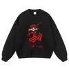 Moletom com estampa de anime, estilo retrô americano, acabamento lavado e desgastado, preto, corte solto, oversized, moletom casual estilo anime