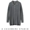 Abrigo de moda de cachemira con cuello polo para mujer, cárdigan de punto versátil de cachemira de cabra de longitud media, camisa simple de manga larga