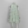 Vestido Curto com Gola Halter em V Transfronteiriço Estilo Novo Verão Europeu e Americano 2026 Vestido Bolo Floral Tridimensional com Babados para Mulheres