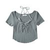 Top de laço de duas peças falso para mulheres 2024 Summer Design Sense Pure Desire Hanging Neck Slim Fit Short-sleeved T