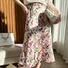Saia Acetato Midi Cintura Alta Slim Linha A com Estampa Floral Pintura a Óleo Romântica Francesa, Estilo Casual Japonês e Coreano