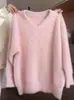 Suéter pullover de punto grueso, holgado, con cuello en V, de felpa de visón, color rosa suave, para mujer, nuevo estilo de invierno